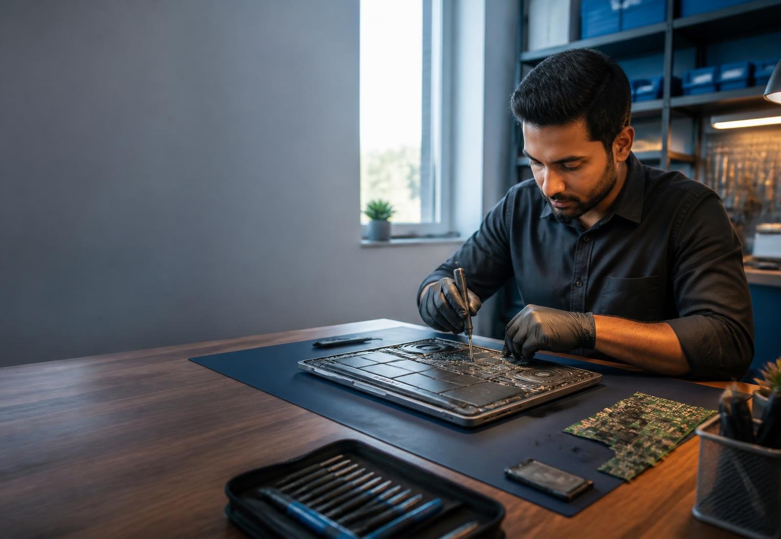 Experienced laptop technician carrying out a careful repair